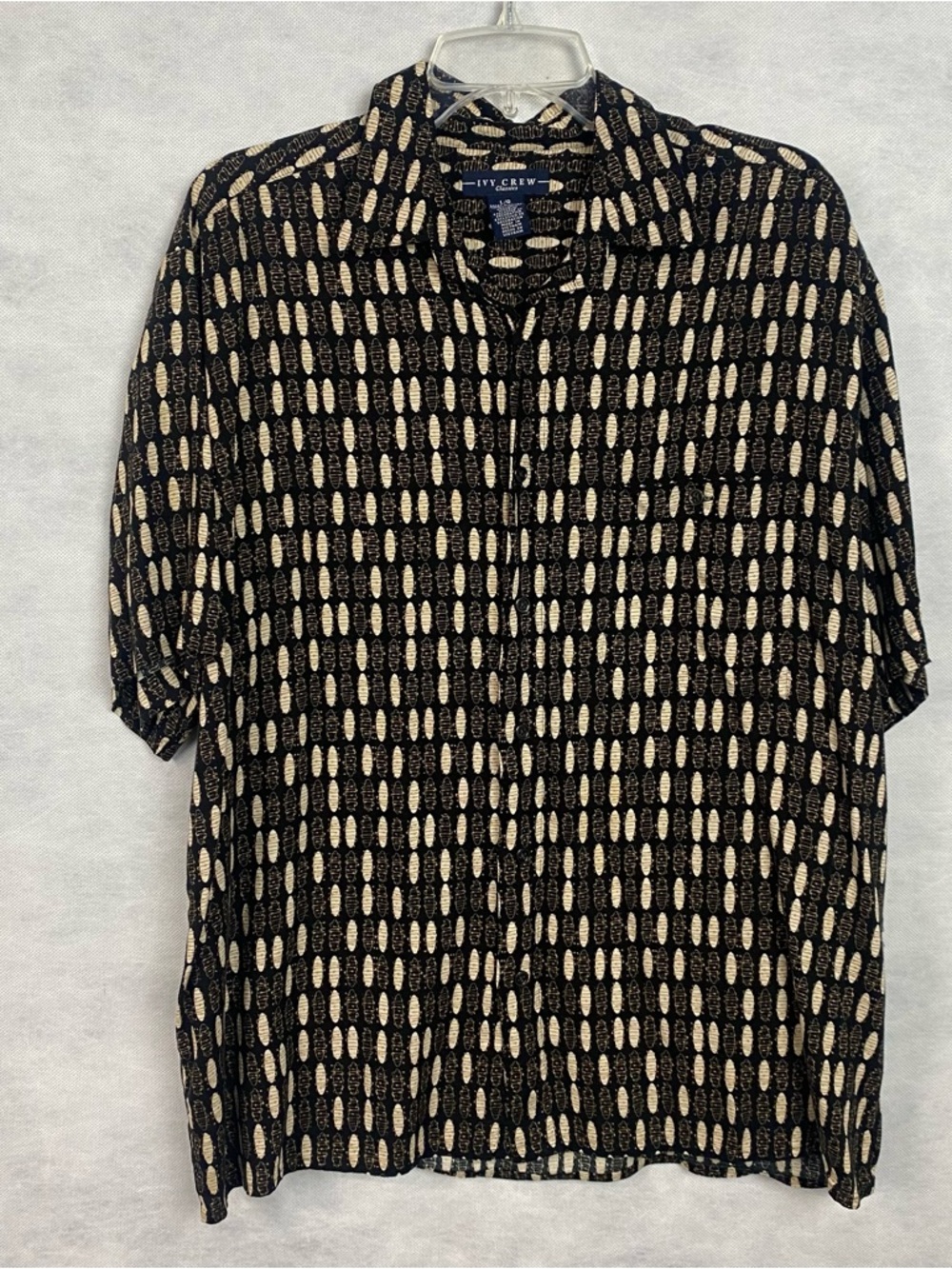 Ivy Crew Mens Button Shirt Large Black Beige Abstract VTG 90s Collar Pocket Flaw